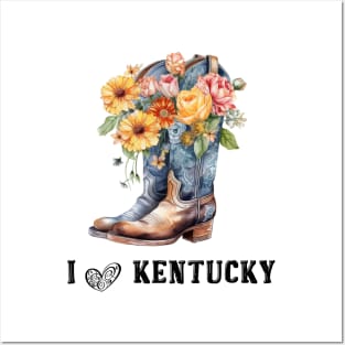 I Love Kentucky Boho Cowboy Boots with Flowers Watercolor Art Posters and Art